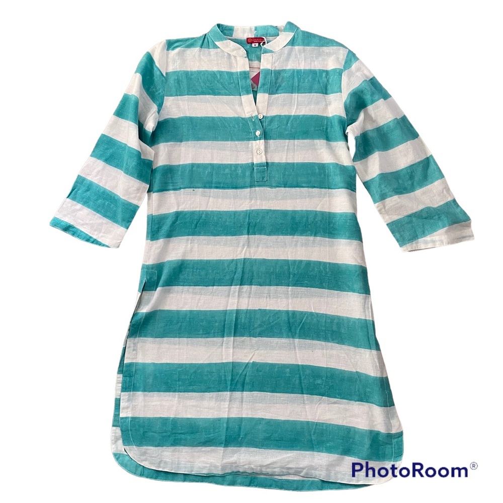 NWT Zaanha Green & White Striped Long Sleeve Beach Cover Up Shirt Sz S